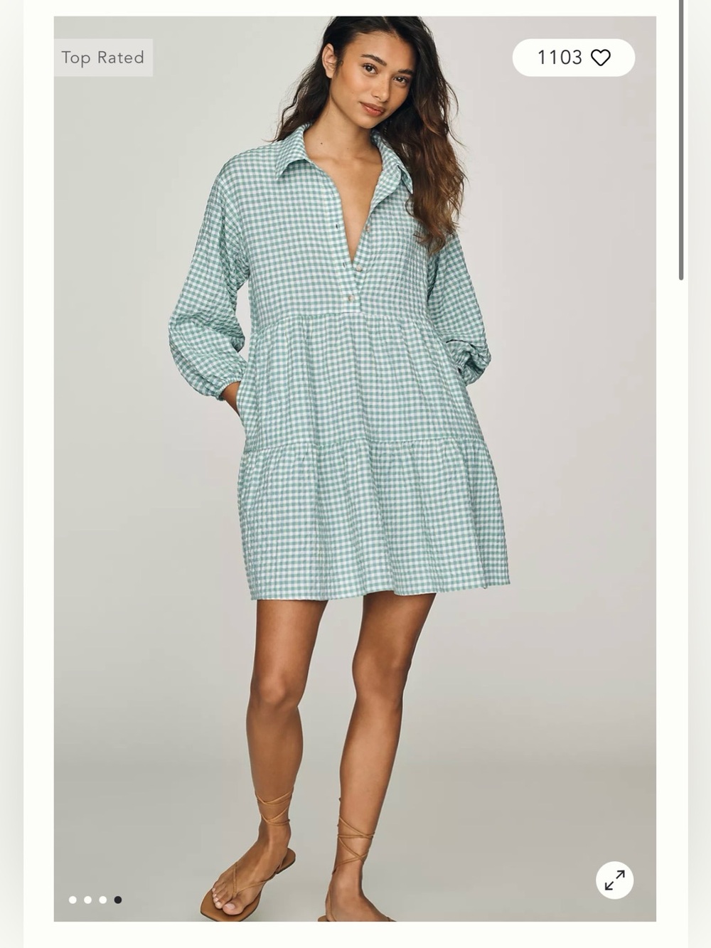 Anthropologie Green Gingham Tiered Babydoll Shirt Dress Size M